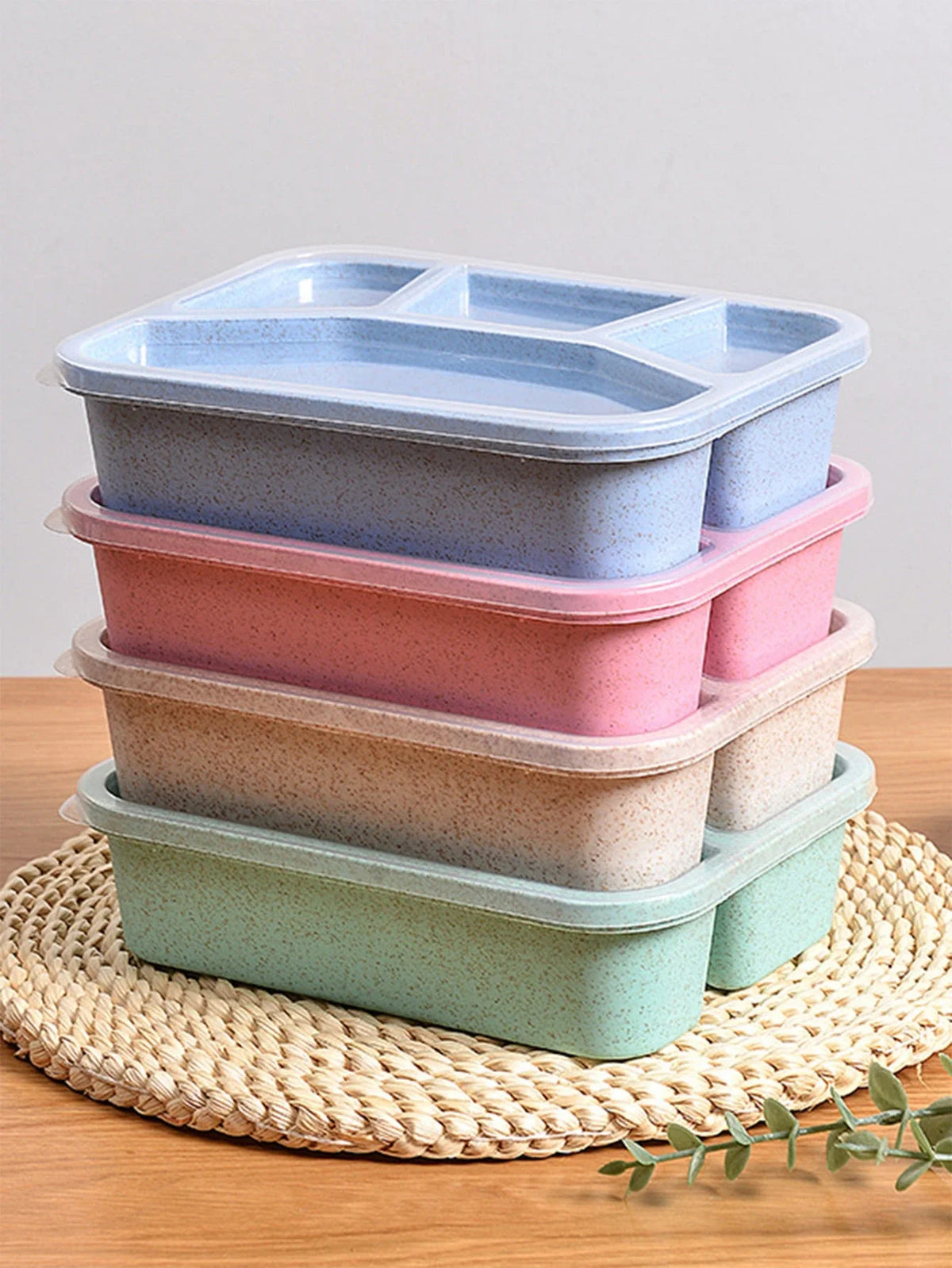 Microwaveable 4-Compartment Bento Box – Japanese Style Square Lunch Container Made from Wheat Straw for Office &amp; School (Blue)