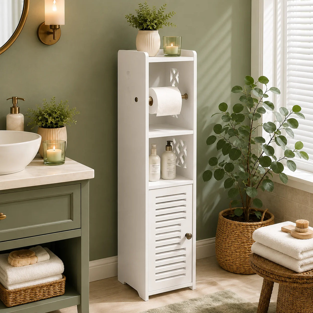 Slim Bathroom Storage Cabinet with Toilet Paper Holder – Narrow PVC Organizer with Shelves and Door for Small Bathrooms