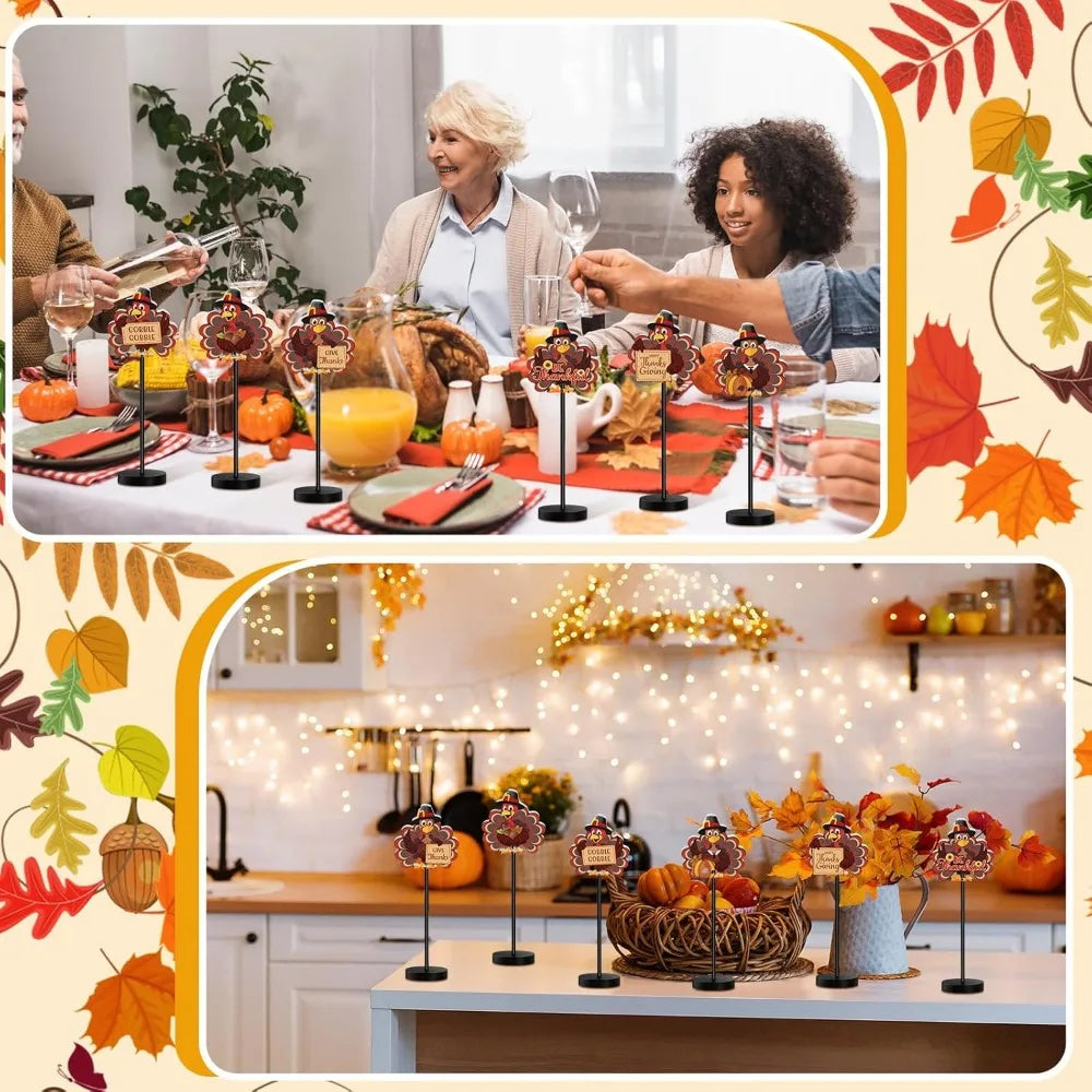 Set of 6 Rustic Turkey Thanksgiving Table Signs Tall Standing Wooden Farmhouse Centerpiece Decor