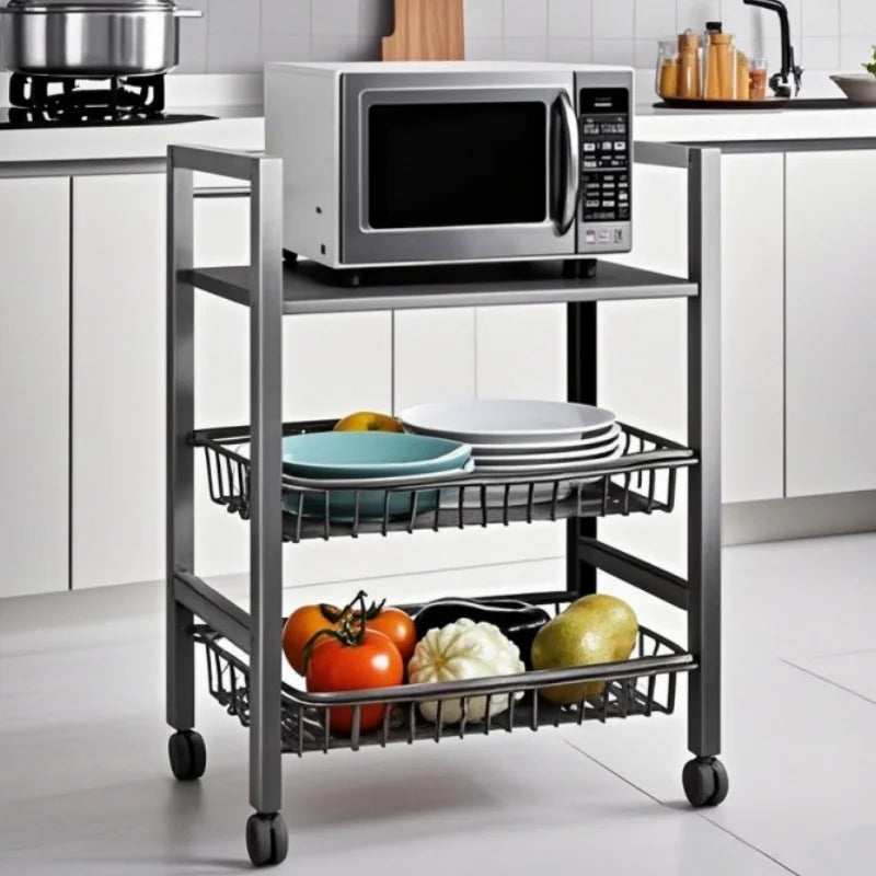 3-Tier Kitchen Storage Rack – Adjustable Utility Trolley with 2 Wire Baskets