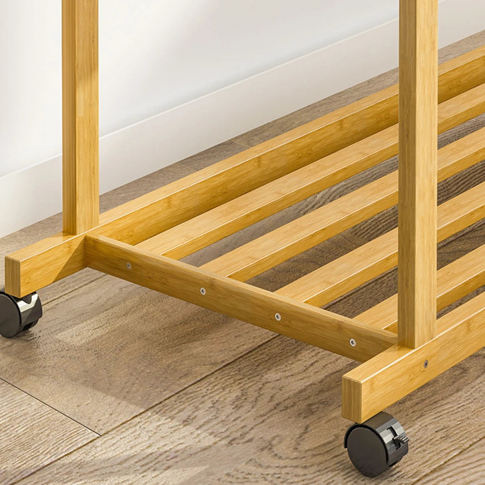 Bamboo Double Clothes Rack with Wheels and Shelves
