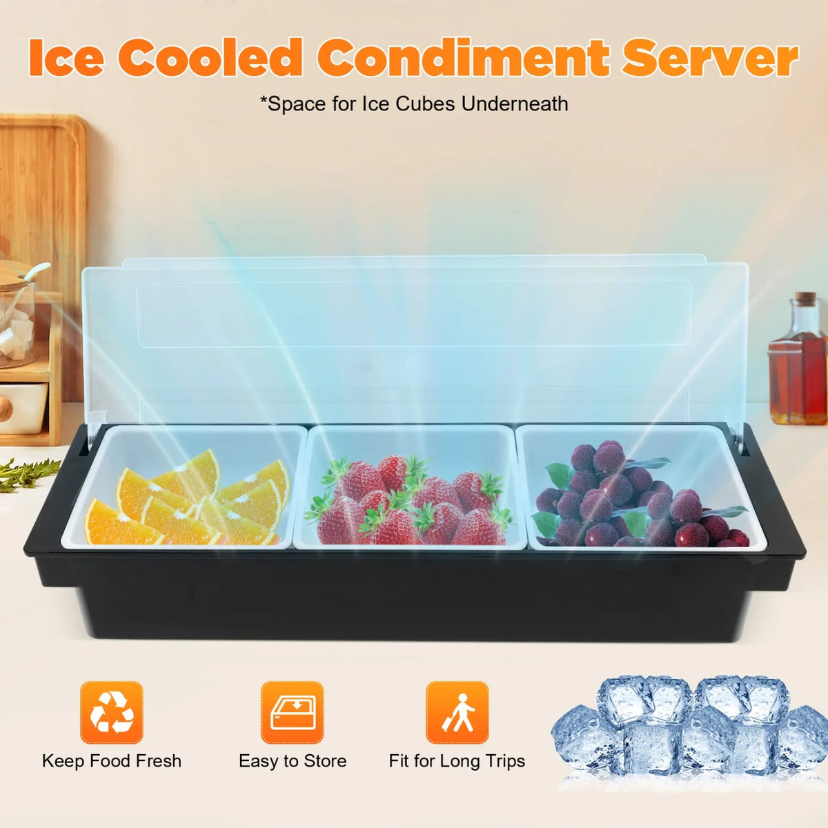 Portable Chilled Condiment Server 5-Compartment Food Salad Bar Tray
