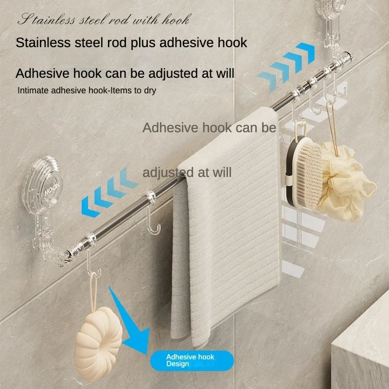 Suction Cup Retractable Towel Rack No-Drill Wall-Mounted Bath Towel Bar for Bathroom &amp; Kitchen