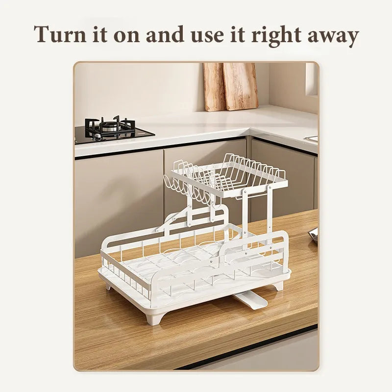 2-Tier Kitchen Dish Drying Rack with Automatic Drainer