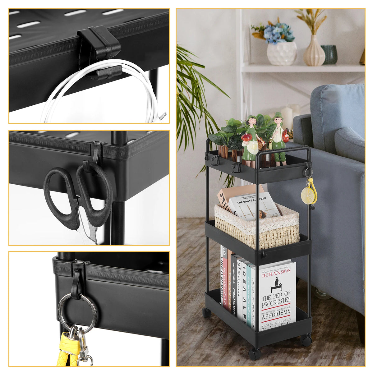 Rolling Slim Storage Cart 3 Tier 2 Pack Utility Rack (White)