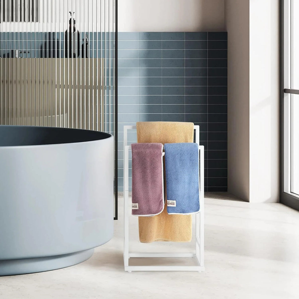 -Tier Metal Stand with 5 Bars for Bathroom Bedroom Towels &amp; Robes (White)