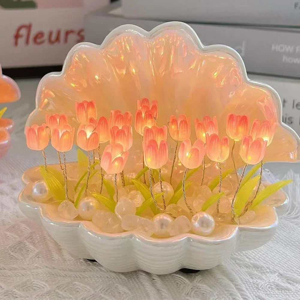 Handmade Shell Tulip Small Night Lamp Bedside Table Ambience Light (Pink)