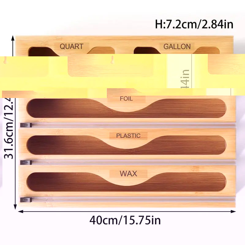 Bamboo Kitchen Storage Box with Film Cutter Bag Dispenser