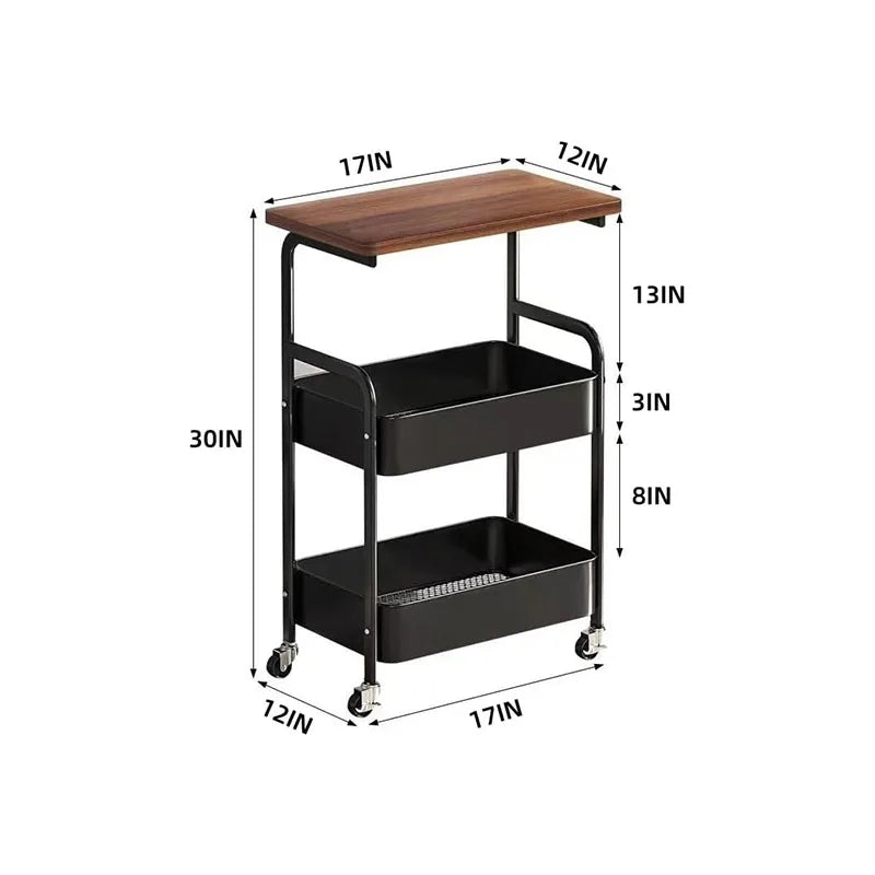 3-Tier Metal Rolling Storage Cart with Walnut Wood (White)