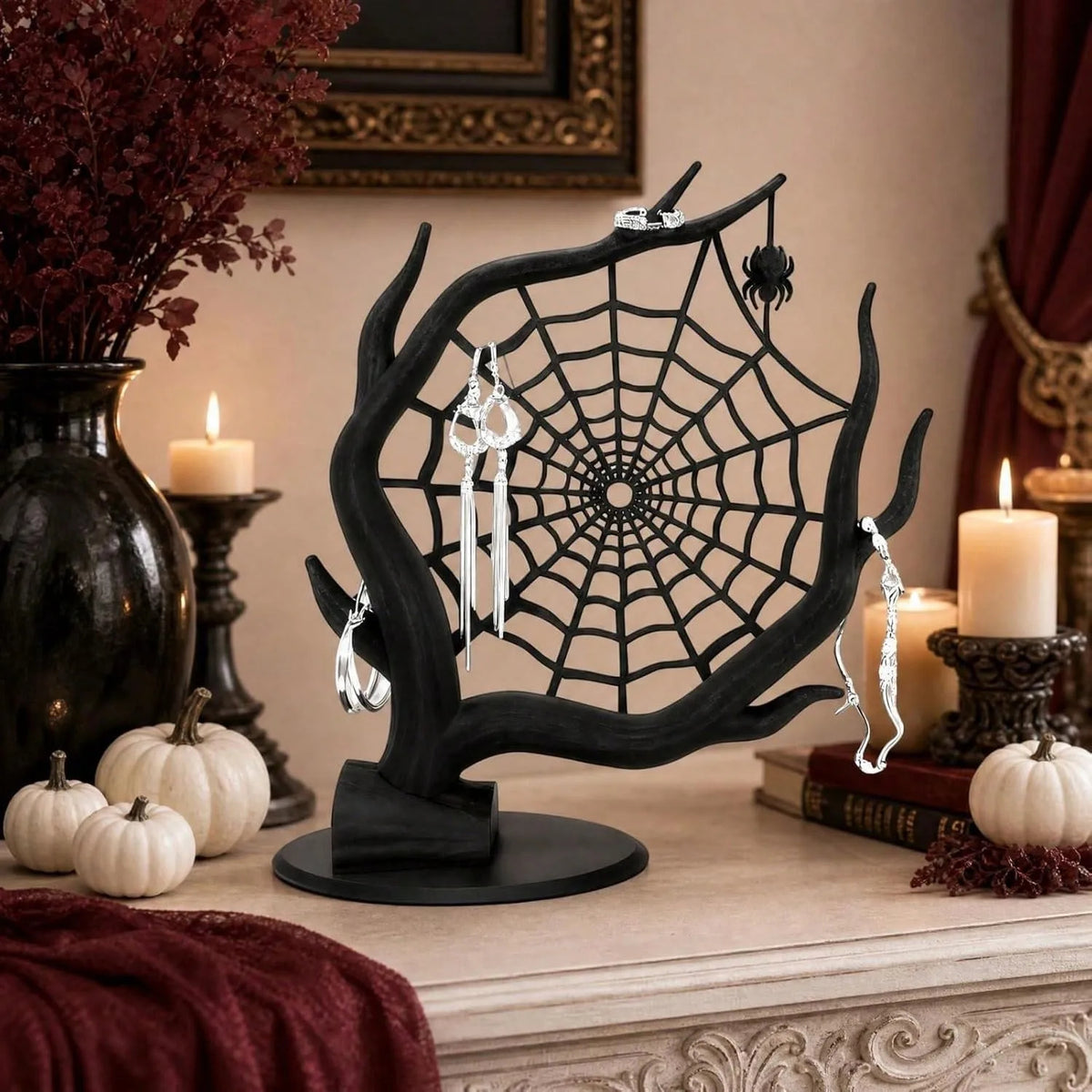 Gothic Spiderweb Jewelry Holder – Black Tree-Shaped Jewelry Display Stand for Halloween