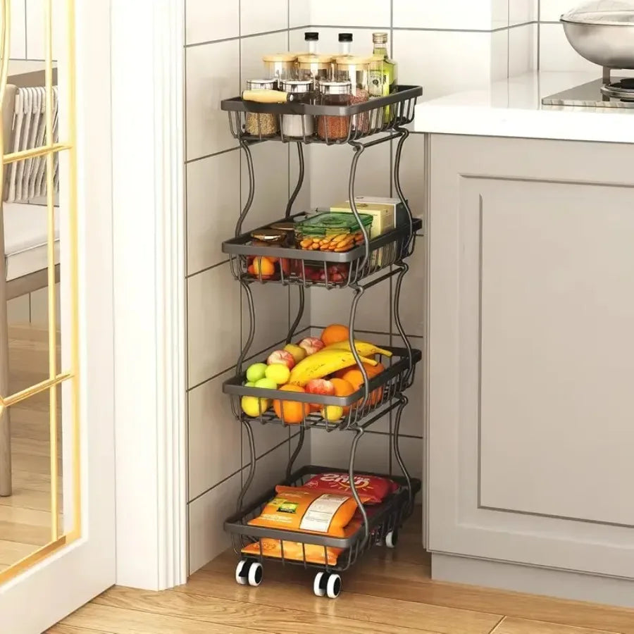 4 Tier Stackable Metal Vegetable Storage Rack with Wheels