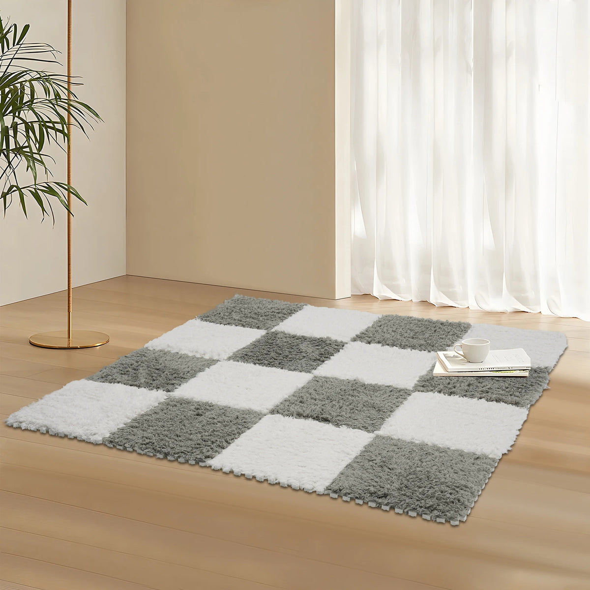 Fluffy Square Rugs for Kids Room 16-Piece Set Gray &amp; White