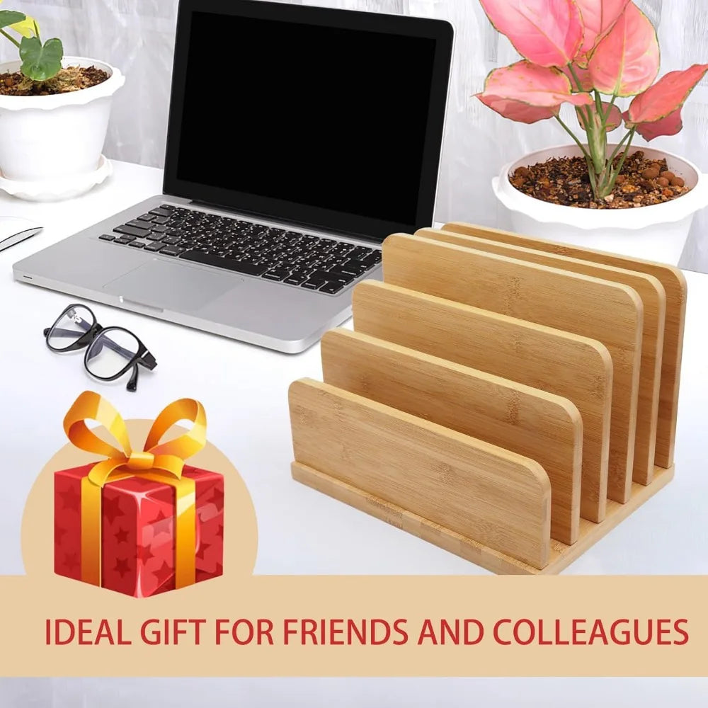 Countertop Bamboo Folder Sorter Holder – 5 Slots Desk Mail Organizer