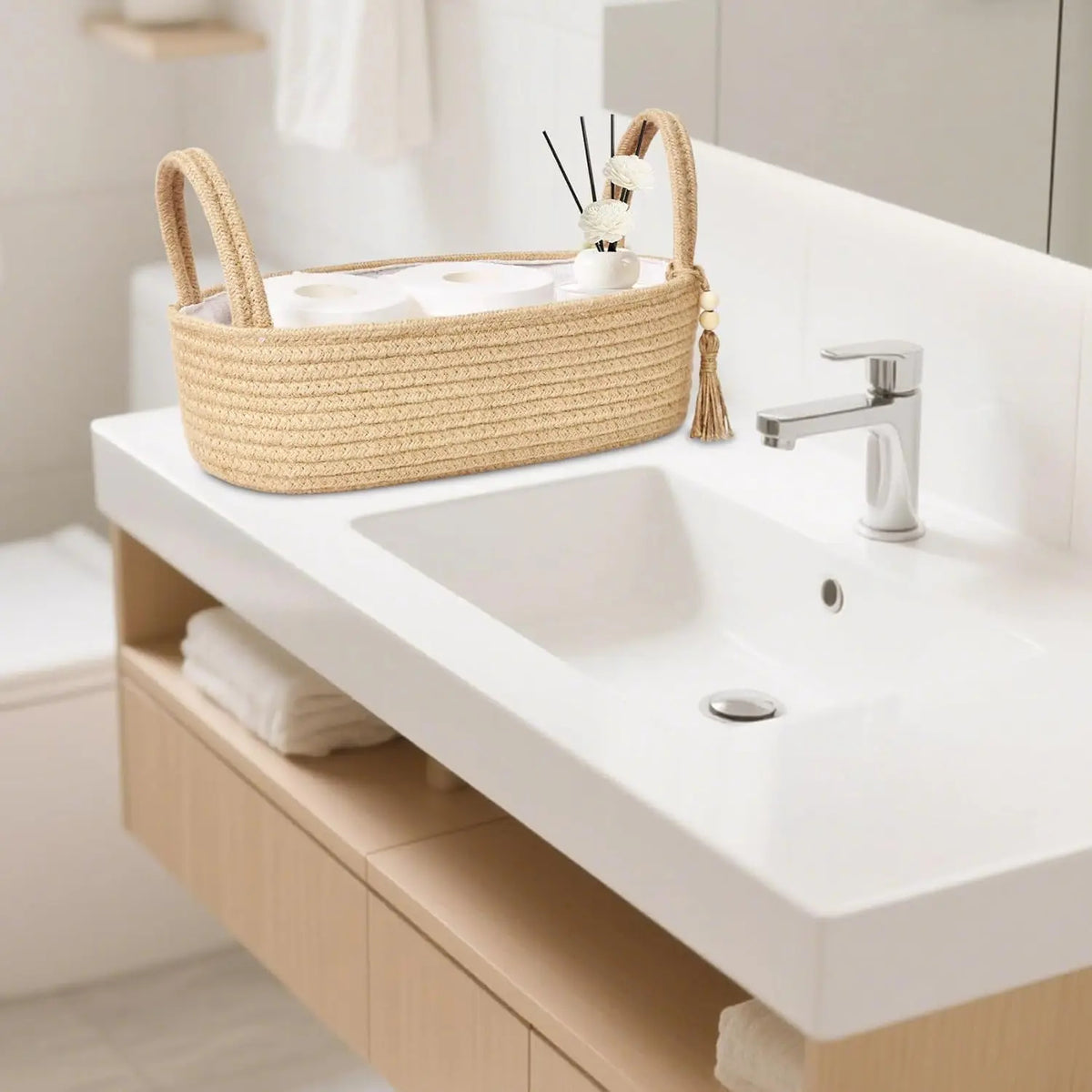 Small Jute Rope Bathroom Basket – 13x6x4 Inch Toilet Tank Top Organizer