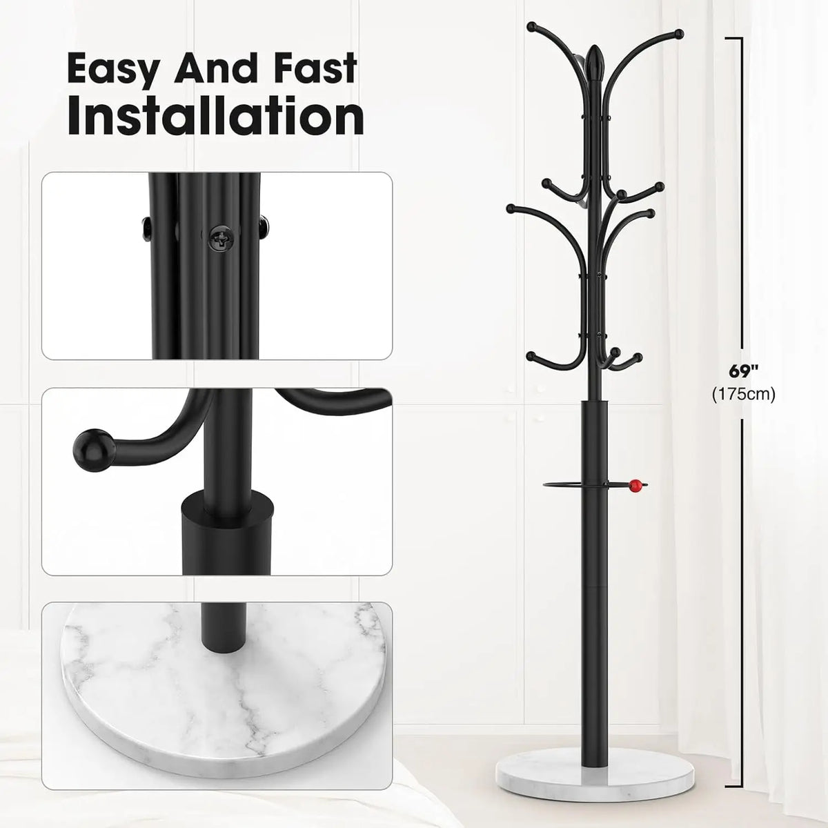 12-Hook Coat Rack Stand with Umbrella Holder Easy Assembly