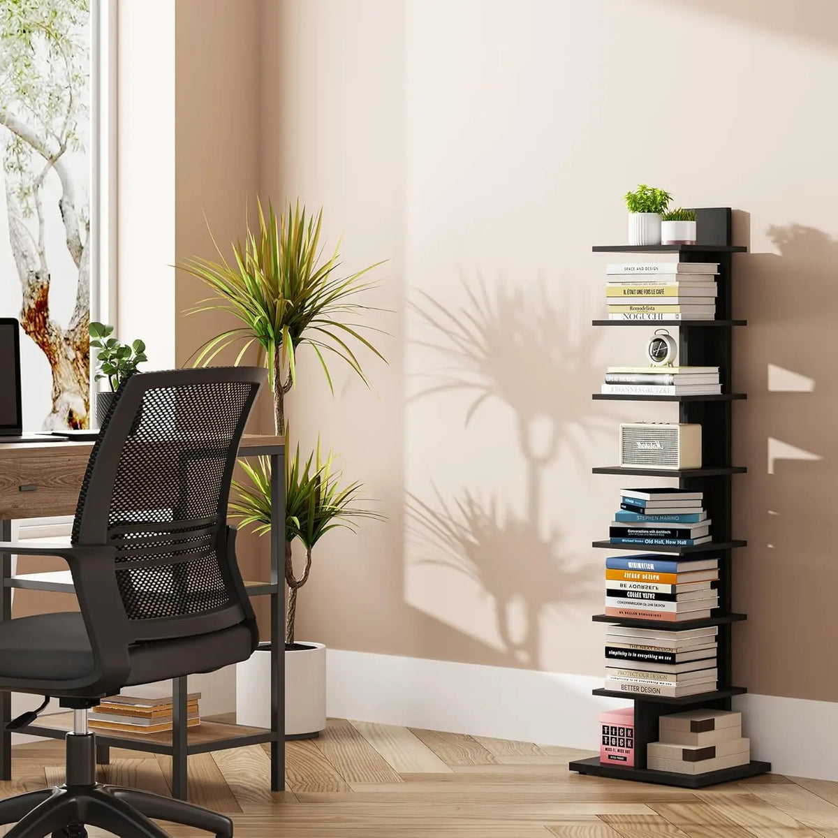 9-Tier Tree Bookshelf with Drawer Modern Book Storage (Black)