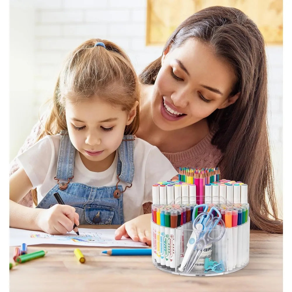Acrylic Pen Holder & Pencil Organizer 360 Degree Rotating Desk Organizer with Multiple Compartments for Markers Crayons & Kids Desks