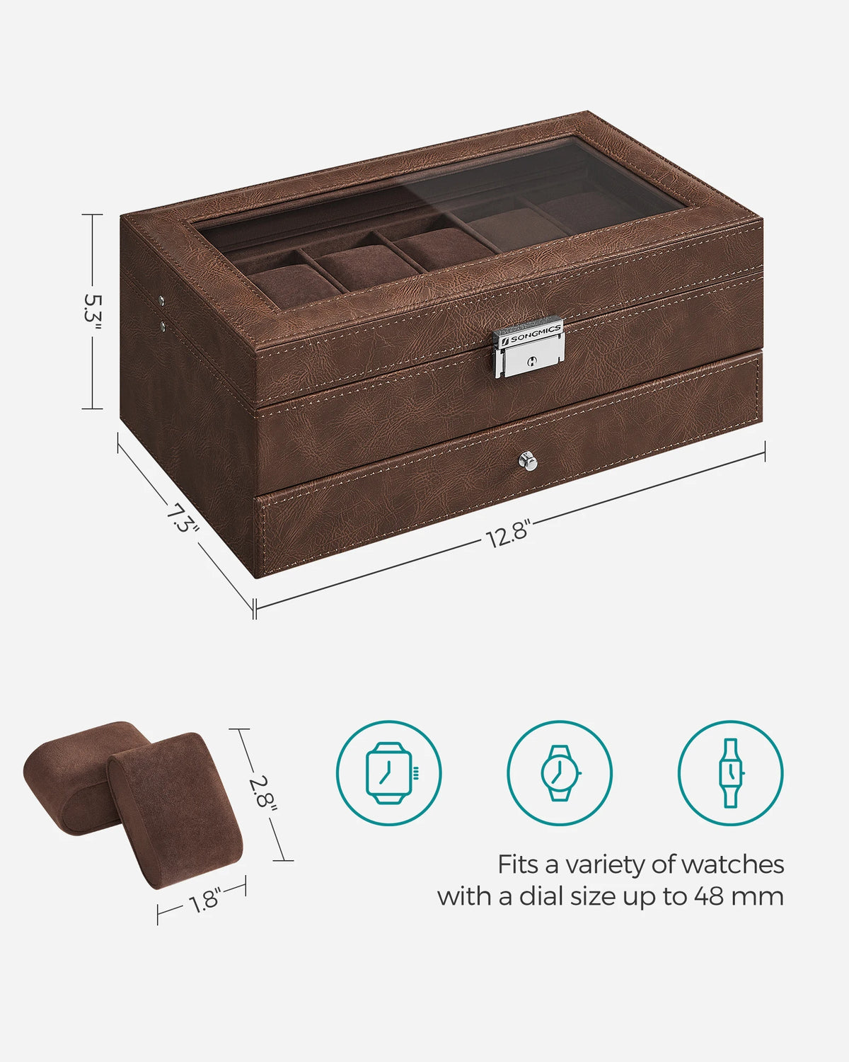 Lockable 12-Watch Display Case Dual-Layer Box Storage (Brown)
