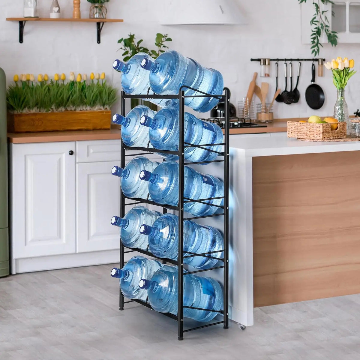 5-Tier Water Jug Rack Stand for 10 Bottles – Metal Heavy-Duty Storage Organizer