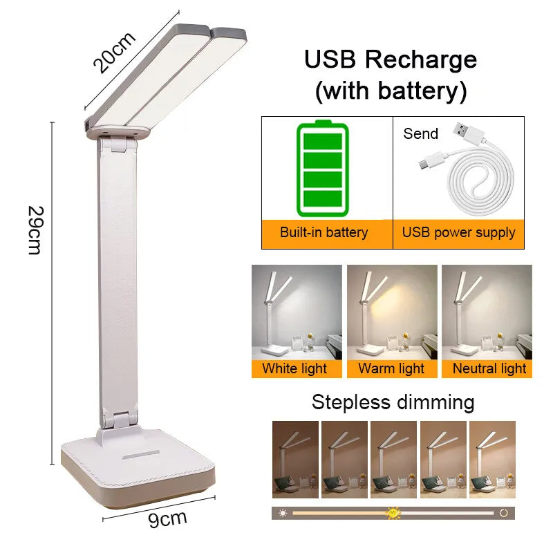 LED Desk Lamp 3 Levels Dimmable Touch Night Light USB Rechargeable Foldable Table Lamp for Bedroom Bedside (White)