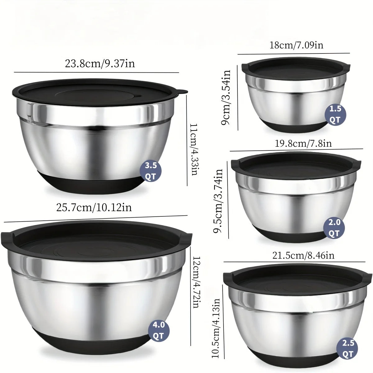 Stainless Steel Mixing Bowls 8-Piece with Airtight Lids (Black)