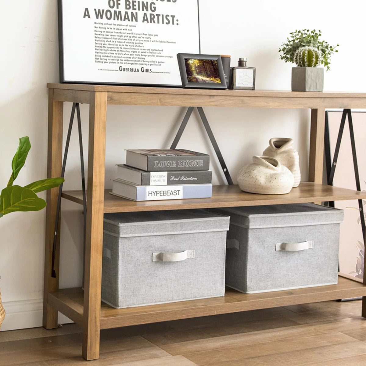 Collapsible Fabric Storage Bins Organizer for Shelves, Large (Beige)