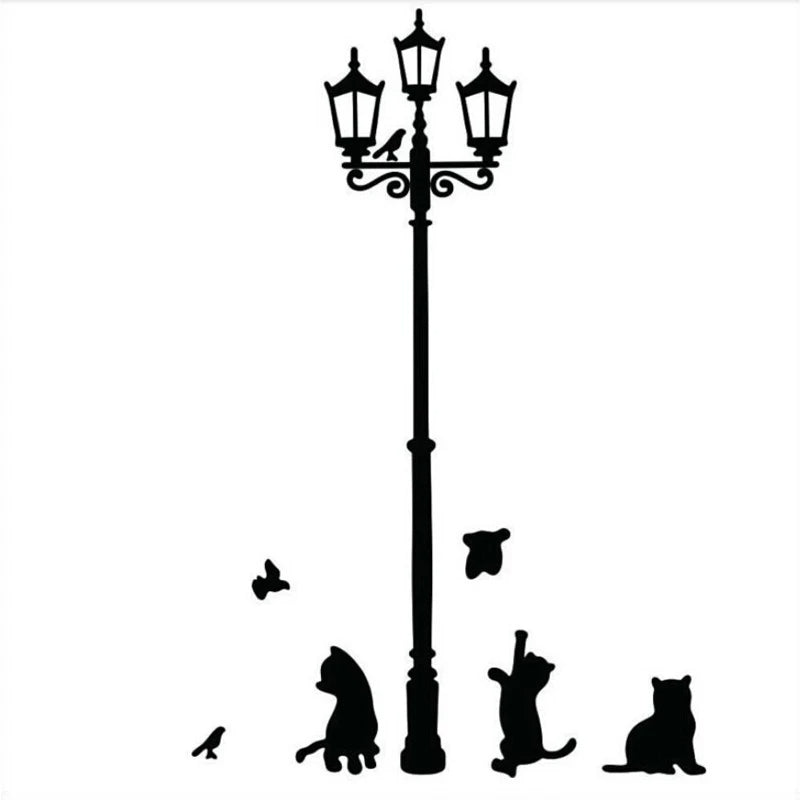 DIY Popular Ancient Lamp Cats and Birds Wall Sticker Cartoon Wall Mural Home Decor