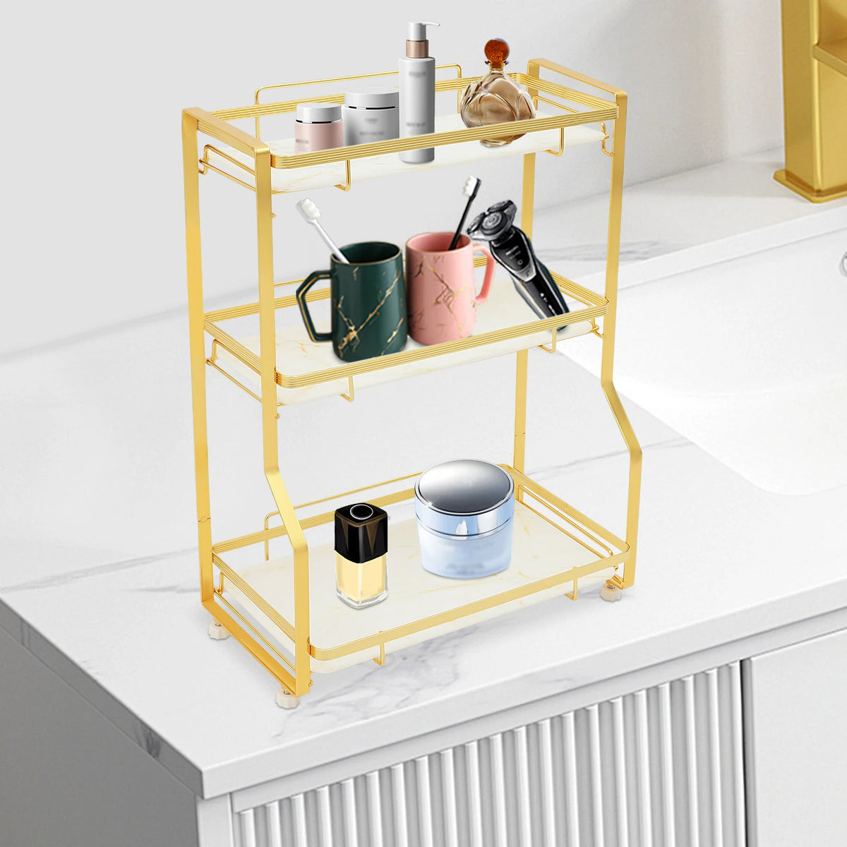 Gold Bathroom Countertop Organizer 3-Tier with Storage Basket
