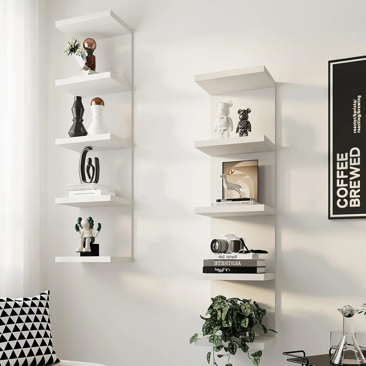 5-Tier Wall Mounted Storage Rack, 31.5-Inch Tall Floating Wall Shelf, Space-Saving Decorative Display Organizer for Bedroom, Living Room &amp; Home (White)