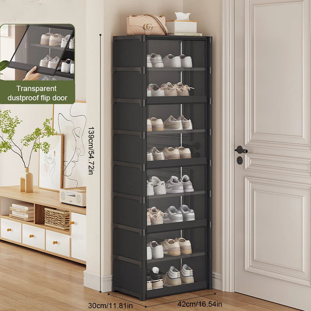9-Layer Dustproof Shoe Cabinet Organizer 60cm Space-Saving Shoe Rack with Clear Lid (Black)