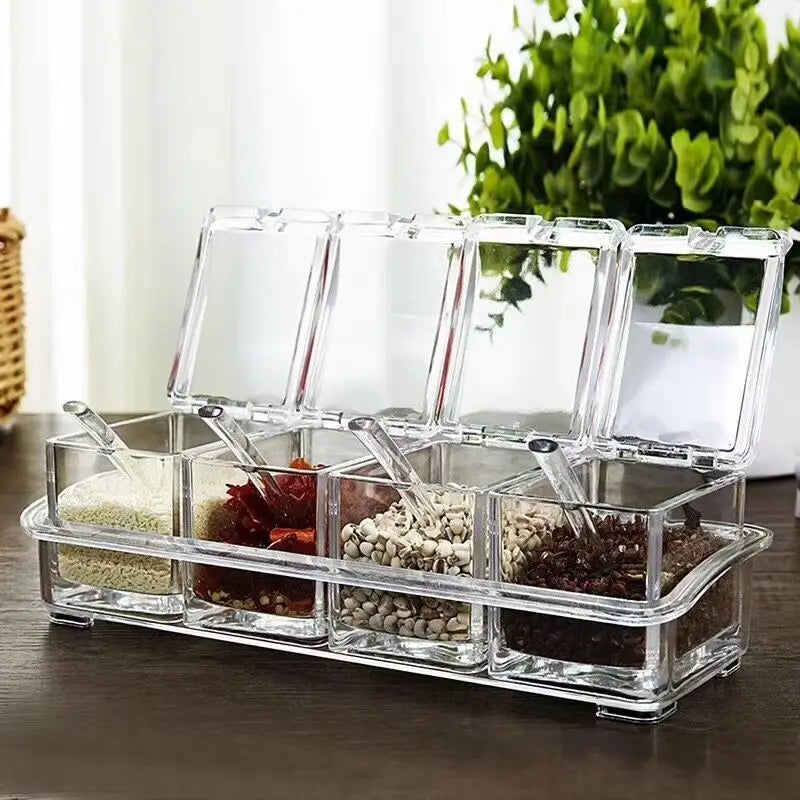 Premium 4-Grid Acrylic Seasoning Box Organizer Clear Countertop Condiment Container