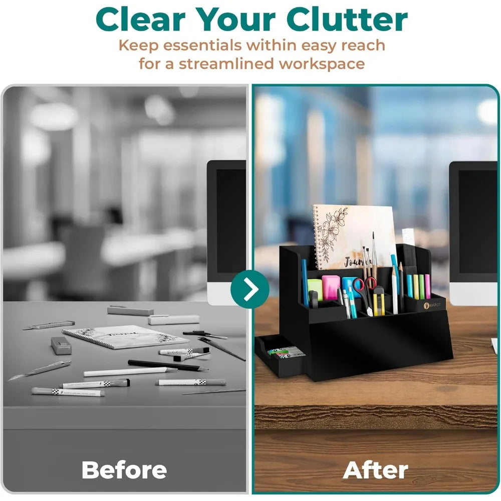 Multifunctional Desk Organizer Wood Desktop Storage with Drawers (Black)