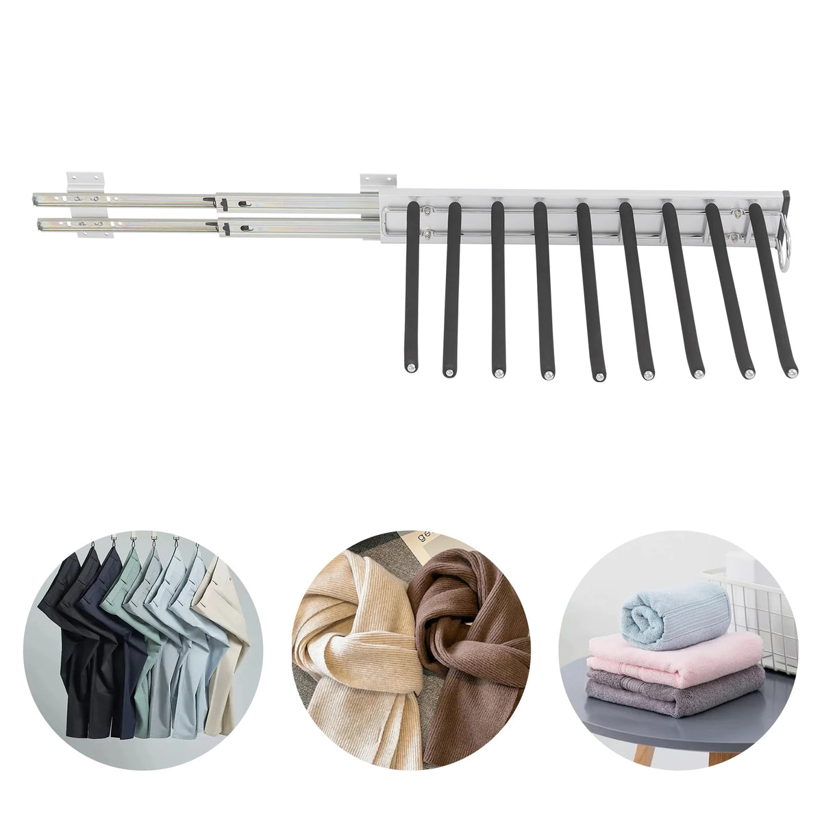 Pull Out Trousers Rack 9 Rods Retractable Wardrobe Pants Organizer (Left)