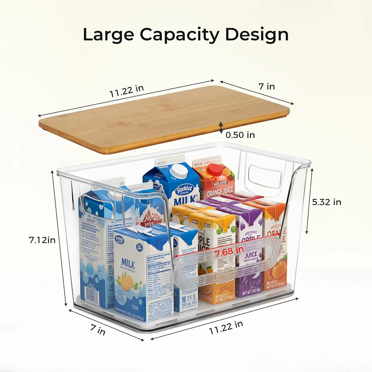 Bamboo Lid Refrigerator Storage Organizer, Transparent Stackable Fridge Storage Bin with Pull Handle, Food &amp; Beverage Organizer for Juice, Dairy, Produce, Pantry &amp; Kitchen Countertop