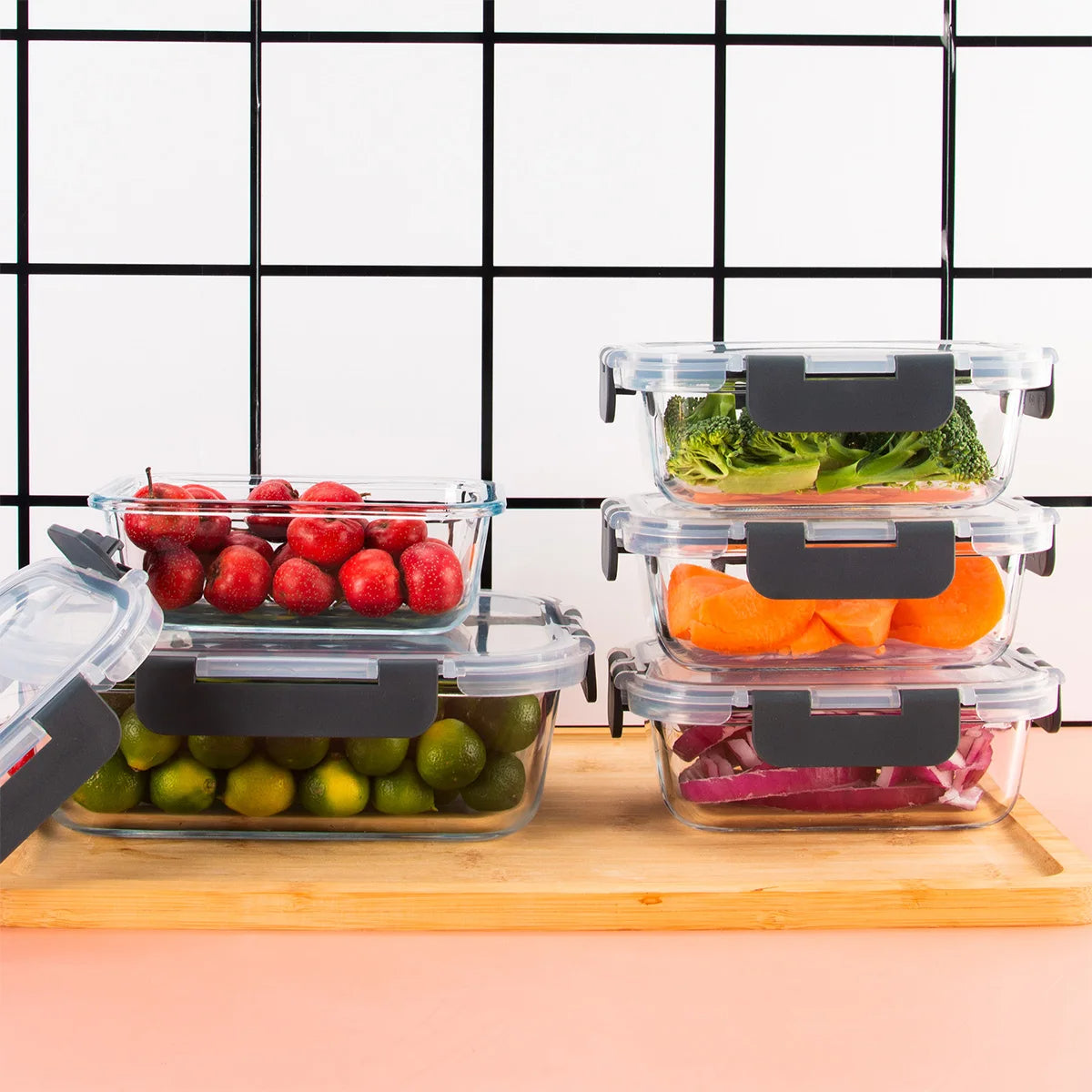 Glass Food Storage Containers Set 8-Piece Leakproof BPA-Free Microwave Oven Safe (Gray)