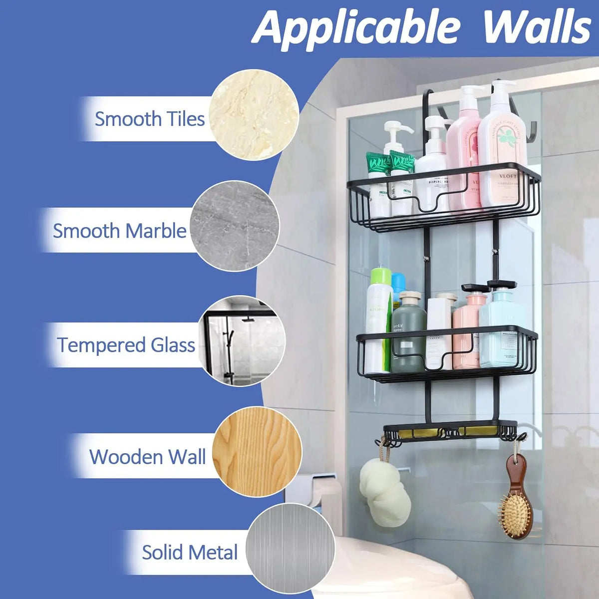 Over the Door Shower Caddy 3 Tier Hanging Shower Organizer Shelf for Bathroom