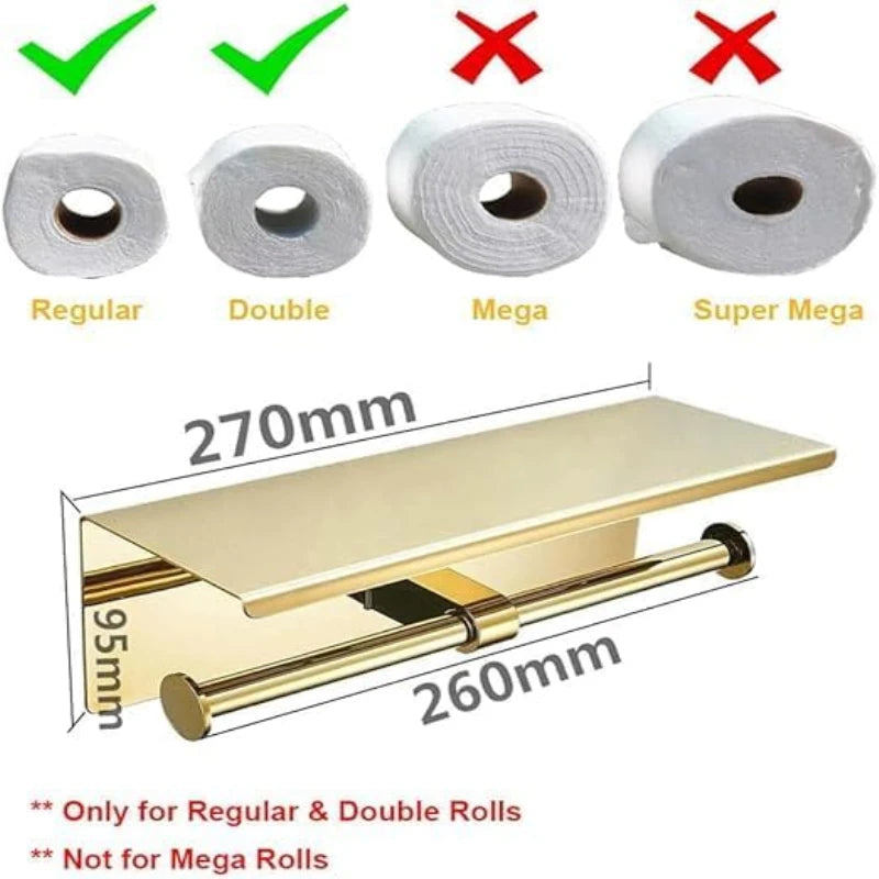Wall Mount Double Roll Toilet Paper Holder with Shelf (Silver)