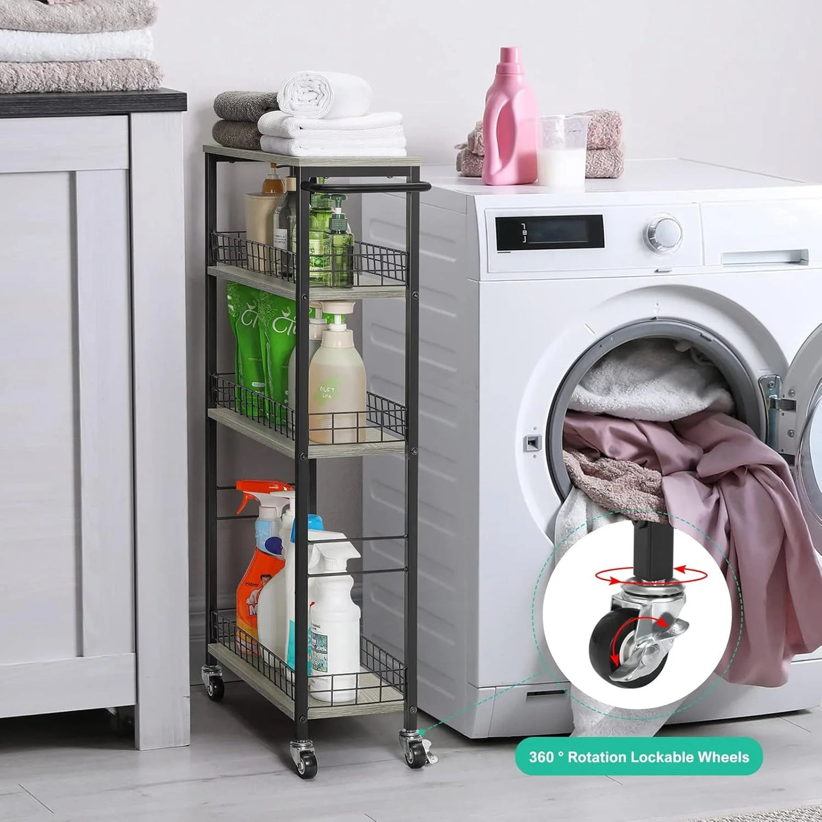 Slim 4-Tier Storage Cart with Wooden Top (Gray)