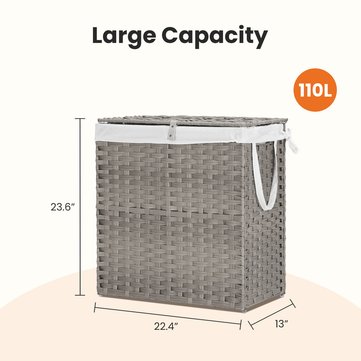 Foldable Rattan Laundry Hamper 110L with Handles &amp; Liner (Gray)