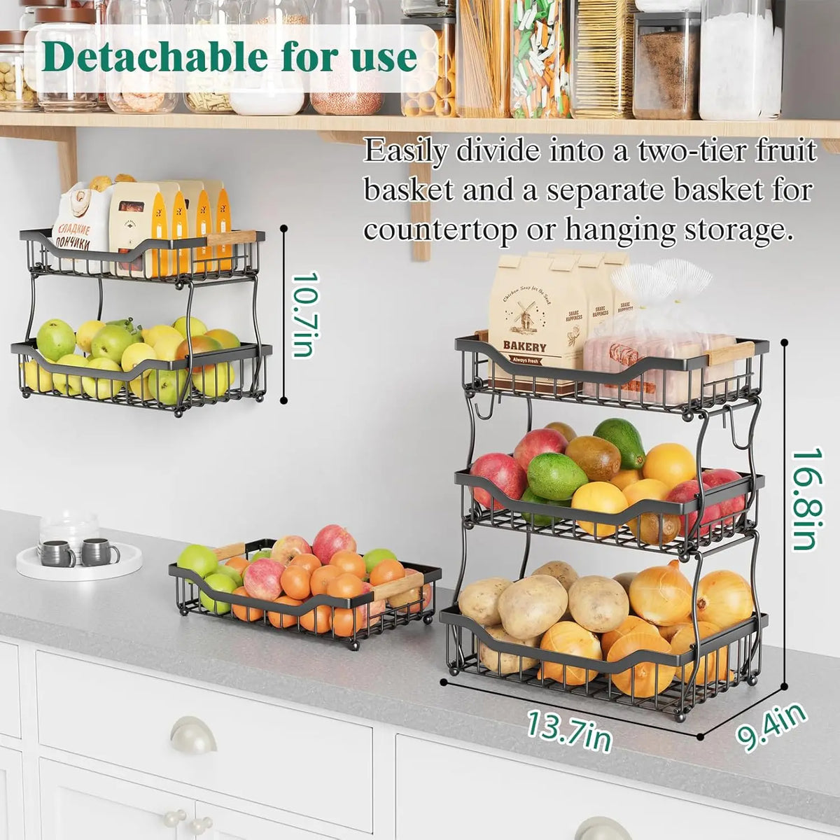 3-Tier Countertop Fruit Basket Vegetable Bread Bowl