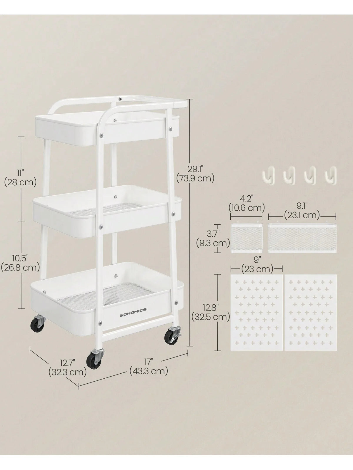 Rolling Utility Cart Metal Mesh 3-Tier Storage Shelves with Pegboards &amp; Hooks (White)