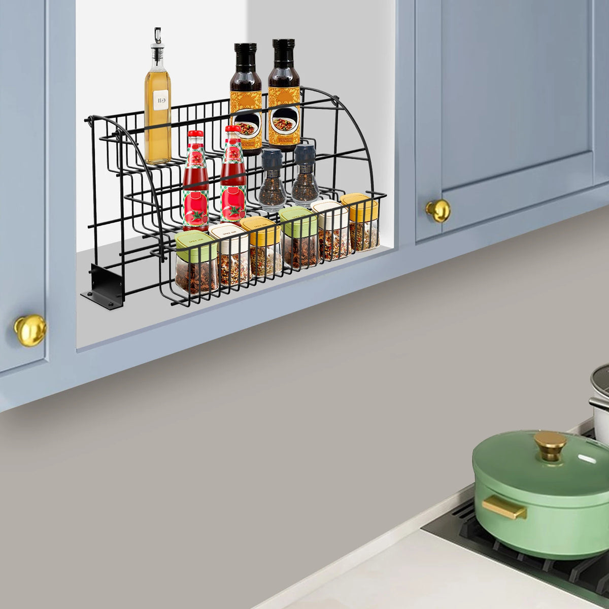 Expandable Pull-Down Kitchen Rack – 3-Tier Metal Cabinet Storage System