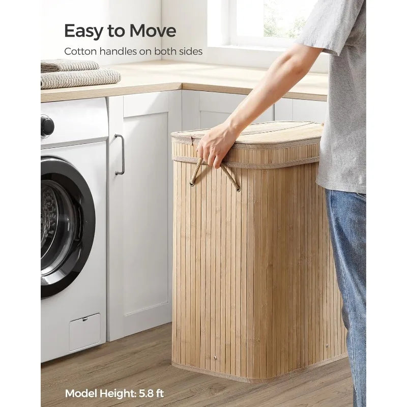 Bamboo Laundry Hamper with Lid 26.4 Gal with Removable &amp; Washable Liner (Natural Beige)