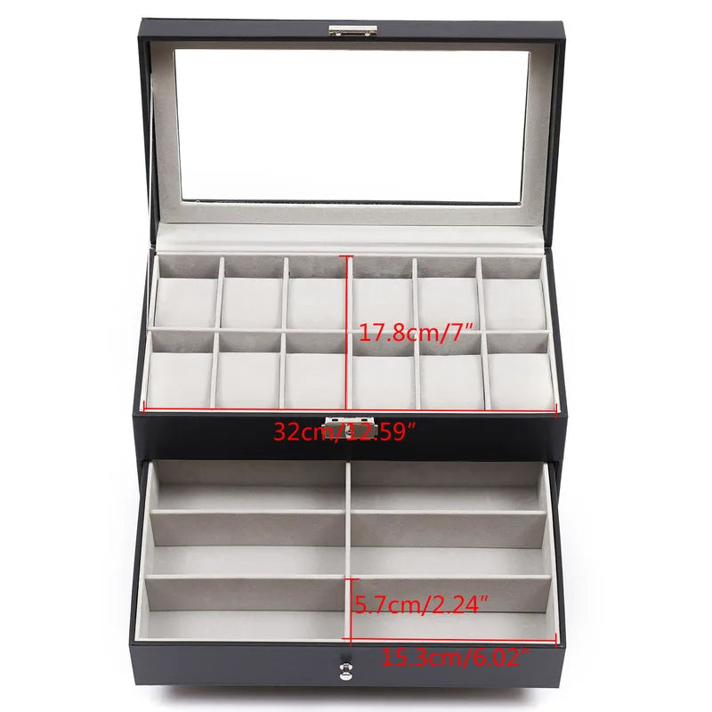 Watch Box Sunglass Organizer 3-Layer Black Leather with Jewelry Drawer