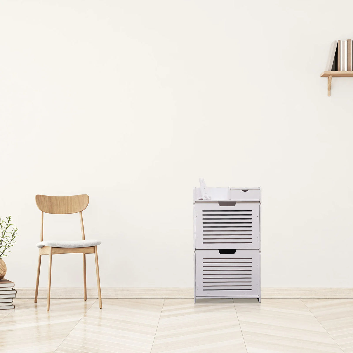 Slim White Shoe Storage Cabinet with Flip Down Rack (White)