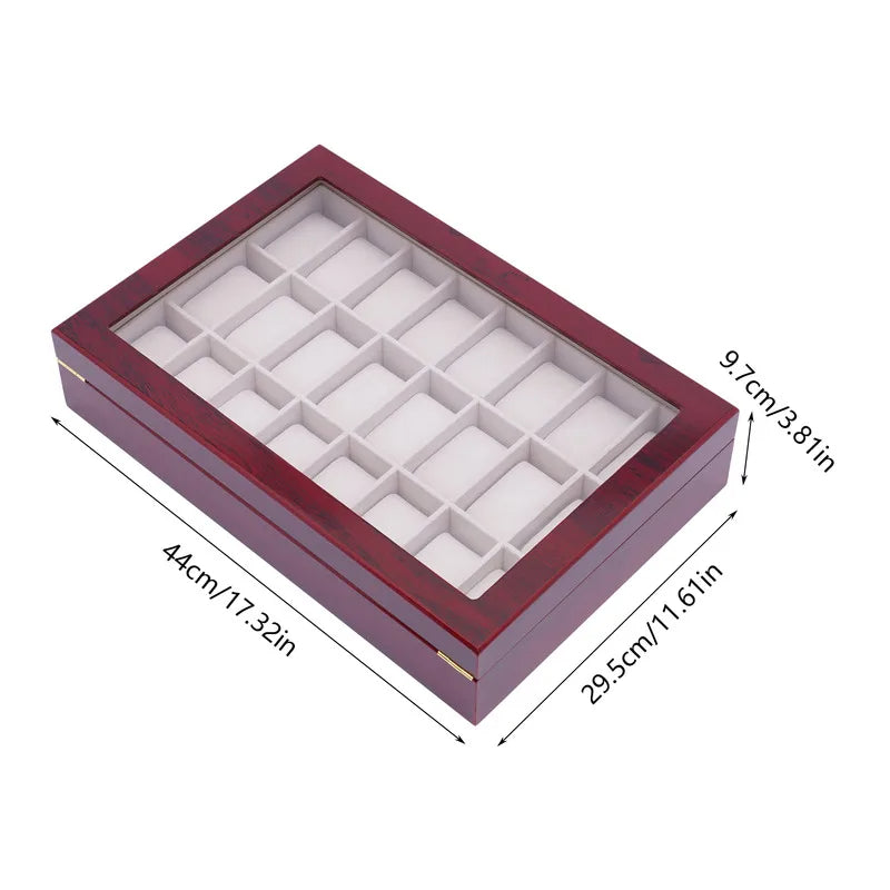 24 Slot Wooden Watch Organizer Display Case with Glass Top Lock