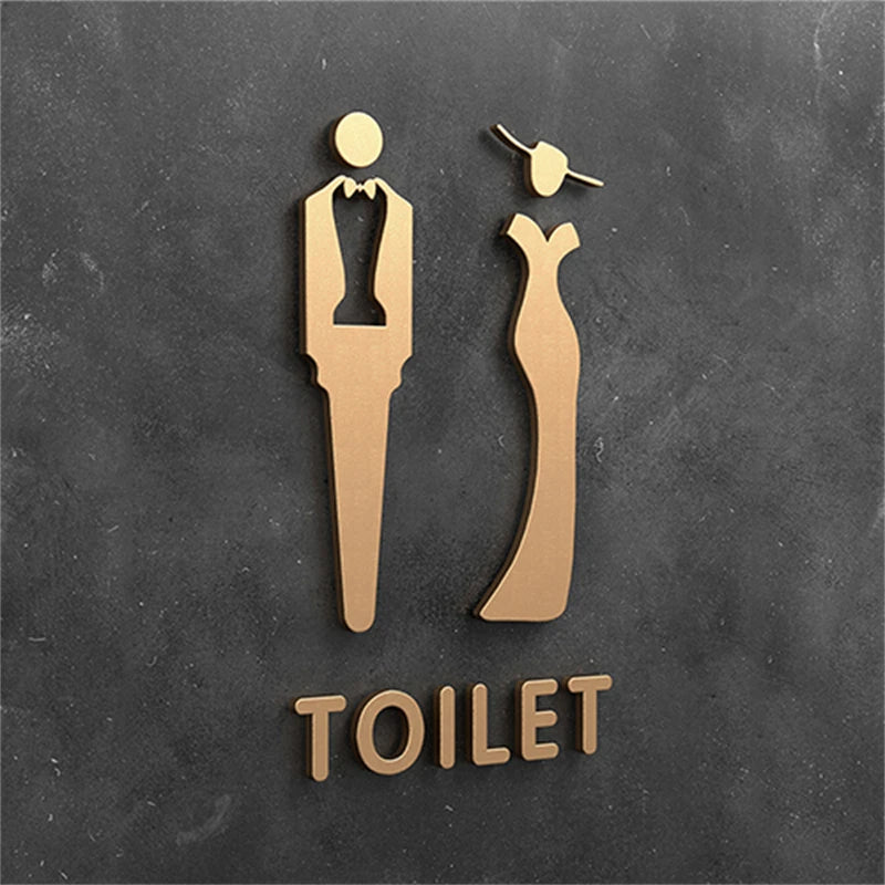 3D Arrow Toilet Sign Plate Bathroom Signage Board, Gold