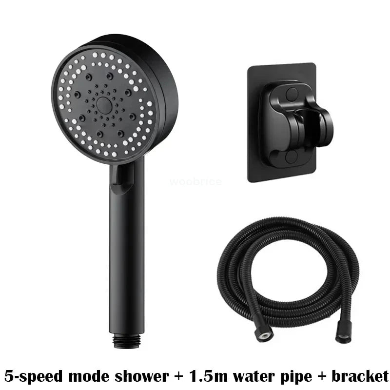 Shower Head 5-Mode with Hook High Pressure & Water-Saving Bathroom Accessories (Black Set)