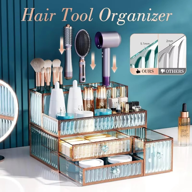 Luxury Tempered Glass Vanity Organizer for Makeup Hair Tools (Green)
