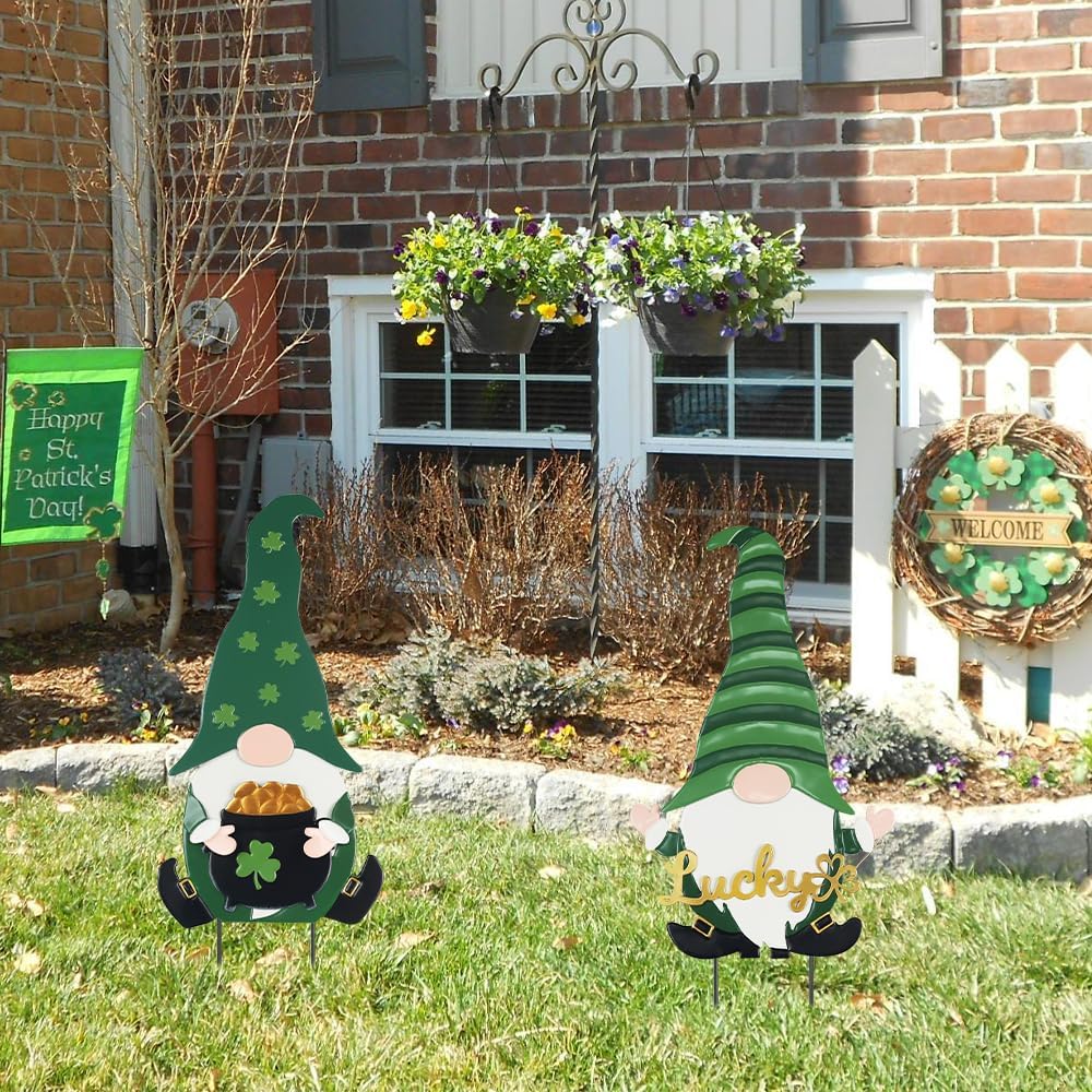 Set of 2 St Patricks Day Gnomes Metal Decorative Garden Stakes for Home Outside Garden Lawn Porch Decor